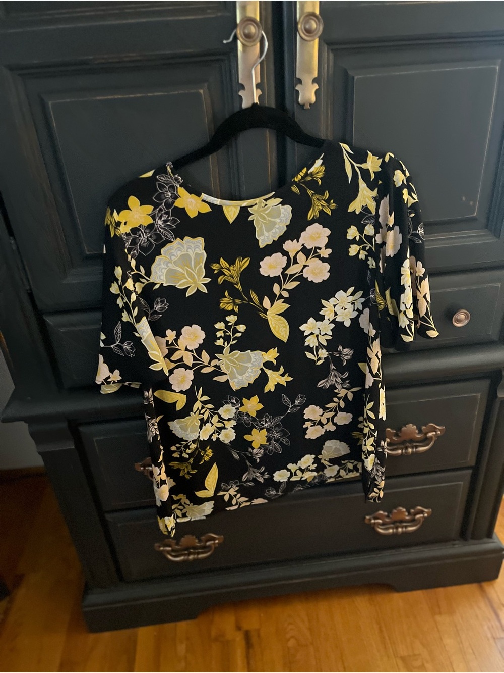 LOFT Black Short Sleeve Floral Top with Yellow & Cream Blossoms